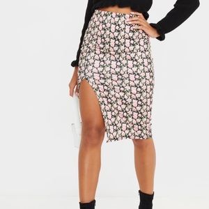 Rose print midi skirt w/ front slit